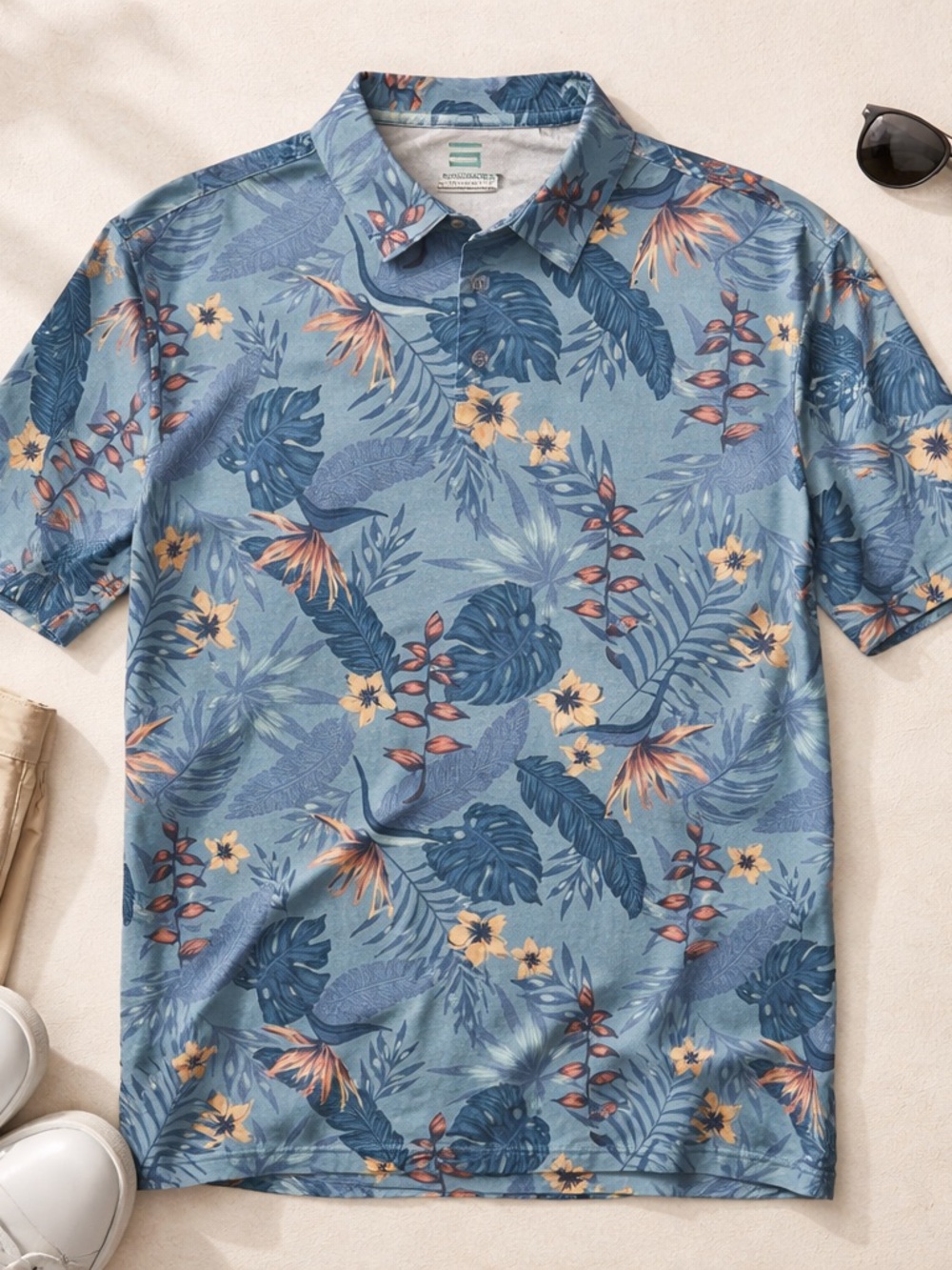 Three Sixty Six Men’s Tropical Performance Polo Shirt Blue Floral Size M NIP